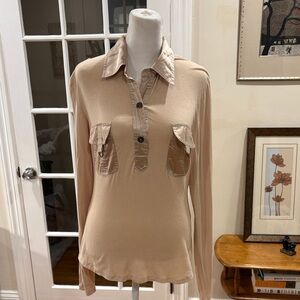 Vintage Clio Tan Button-Close Raton and Spandex Shirt. Size L